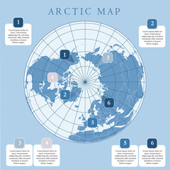 Arctic map with countries boundary, grid and label. Arctic regions of northern hemisphere. Circumpolar projection. Vector. Infographic. Blue background.