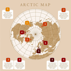 Arctic map with countries boundary, grid and label. Arctic regions of northern hemisphere. Circumpolar projection. Vector. Infographic. Brown background.