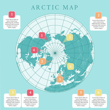 Arctic map with countries boundary, grid and label. Arctic regions of northern hemisphere. Circumpolar projection. Vector. Infographic. Green background.