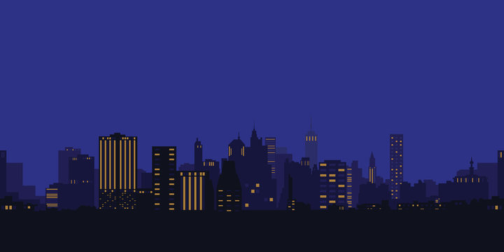 Vector illustration. Night city, houses, high-rise buildings