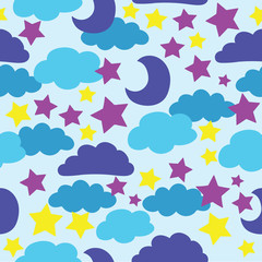 Vector, Blue, sun, moon, stars and clouds. seamless pattern background