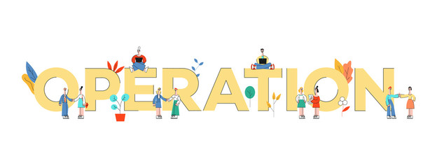 Vector female programmer sitting with legs crossed with laptop at huge operation letters, business man and woman give high five, colleagues arguing. Concept of communication, teambuilding in office