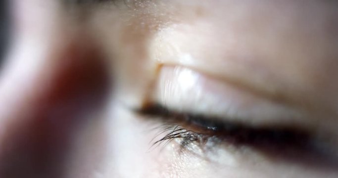 Close-up macro shot of young female human brown eye blinking in slow motion. Concept of moments of life, memory, eye care, optics., lens. Shot with RED 8K
