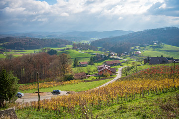 Asvaltnaf road in the countryside of Slovenia, Hogas slatina, cumulus clouds