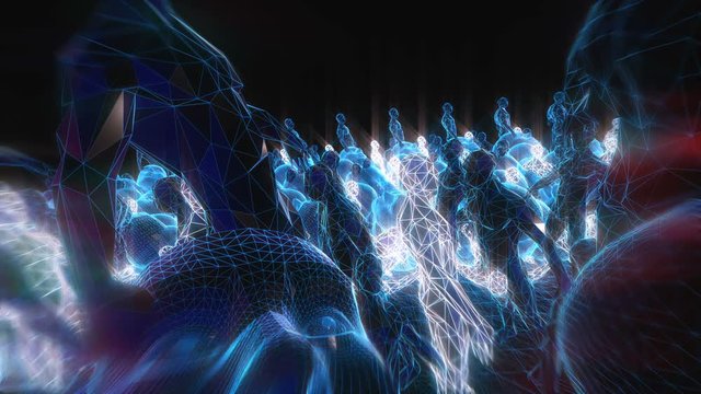 Geometric laser landscape with human figure. Seamless neon retro futuristic animation with shallow deepth of field.