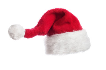 Red Santa Claus hat isolated on white.