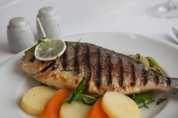 fish on a plate with lemon and parsley