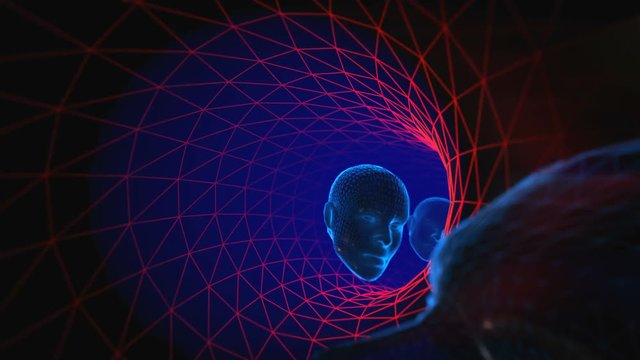 Geometric laser landscape with human faces in a tunnel. Seamless neon retro futuristic animation with shallow deepth of field.