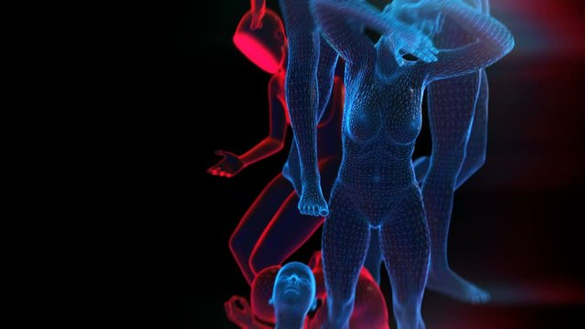 Geometric laser landscape with femenine human figures. Seamless neon retro futuristic animation with shallow deepth of field.