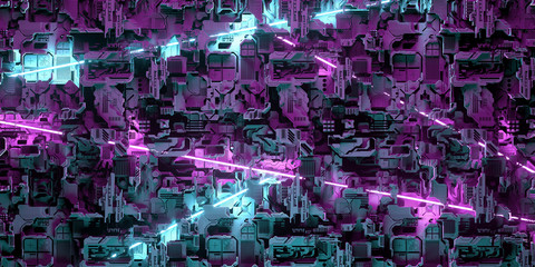 Obraz premium Futuristic Artificial Intelligence Sci Fi Computer Board With Neon Purple And Blue Laser Glowing Tubes In Details 3D Rendering