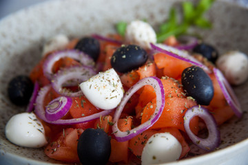 Fototapeta na wymiar salad with tomatoes, mozzarella, onions and olives
