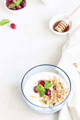 Healthy breakfast with bowl of homemade granola with yogurt, fresh cranberries, honey and mint. Vegetarian food concept. Top view. Copy space.