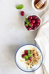 Healthy breakfast with bowl of homemade granola with yogurt, fresh cranberries, honey and mint. Vegetarian food concept. Top view. Copy space.