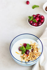 Healthy breakfast with bowl of homemade granola with yogurt, fresh cranberries, honey and mint. Vegetarian food concept. Top view. Copy space.