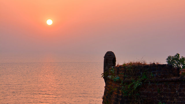 India. Goa State. Fort Chapora. Sunset over the watchtower