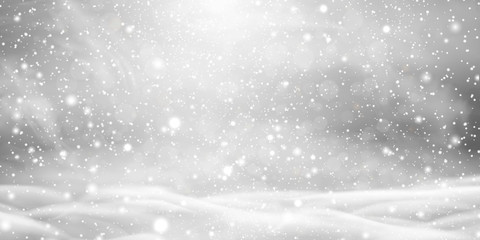 Falling Christmas beautiful snow with snowdrifts isolated on transparent background. Grey shiny poster with winter landscape, wind, blizzard. Snowflakes, snow background. Heavy snowfall, snowflakes.