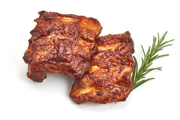 Pork Ribs Oven Baked Barbecue with herbs, isolated on a white background. Close-up.