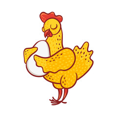 Vector illustration of hen standing and hugging egg with love in sketch style - hand drawn chicken embracing egg with wings isolated on white background. Cute domestic farm feathered bird.