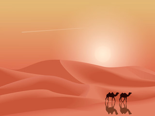 Sunset desert dunes with camels landscape background. Flat Simple minimalism vector illustration.