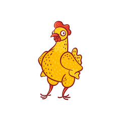 Vector illustration of funny cartoon chicken standing with wings in sides isolated on white background - hand drawn cute yellow domestic farm bird hen holding hands on hips.