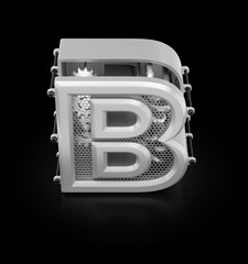 Capital B of Alphabet. Designed in techno-style letter 'B' assemled from mechanical parts on reflective black background. 3d rendering graphics.