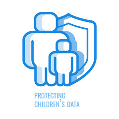 Protecting children data line icon - thin outline symbol of abstract silhouette of man and kid protected with shield in blue outline vector illustration isolated on white background, gdpr concept.