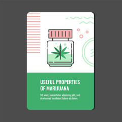 Useful properties of marijuana vertical banner with line icon of CBD oil or cannabis extract in bottle with leaf - isolated vector illustration of medical and pharmacy use of marihuana concept.