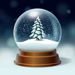 Crystal ball, snowball with snowy Christmas tree, spruce inside, falling snow, realistic holiday decoration, vector illustration