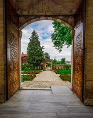 Gate and Park detail from Selimiye Mosque (Camii) from inside, designed by Mimar Sinan in 1575. Edirne, Turkey. The UNESCO World Heritage. Site Of The Selimiye Mosque.