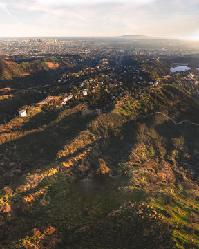Aerial of a rural neighborhood with downtown Los Angeles, California in the distance