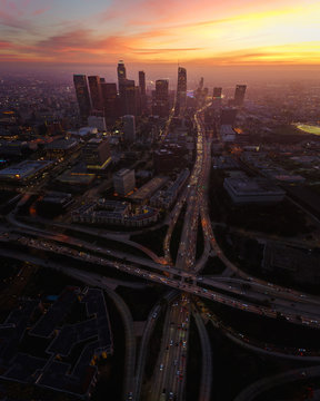Aerial of an urban neighborhood at sunset
