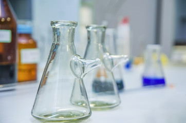 group object of laboratory limpid glassware, horizontal photo