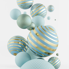 Flying blue and golden spheres. 3d illustration. Abstract background with 3d geometric shapes. Modern template design.