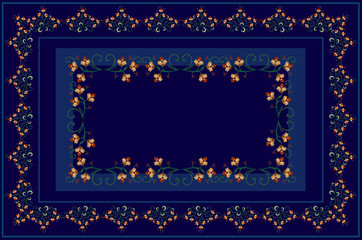 Embroidered pattern on blue shades tablecloth of curlicues and branches with orange, stylized flowers and curved leaves 


