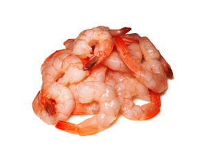 Bunch of fresh pink shrimp isolated on white background.