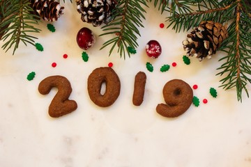 Christmas New year frame with gingerbread number cookies forming 2019