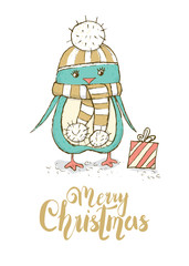 Christmas greeting card with a cute penguin. Vector illustration