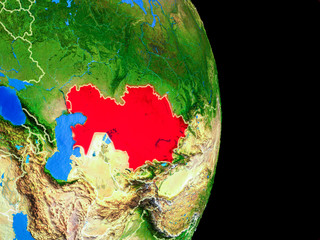 Kazakhstan on realistic model of planet Earth with country borders and very detailed planet surface.