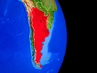 Argentina on realistic model of planet Earth with country borders and very detailed planet surface.