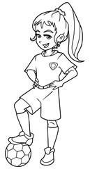 Full length line art illustration of a competitive girl and football player with blue uniform smiling at the beginning of a match against white background for copy space.