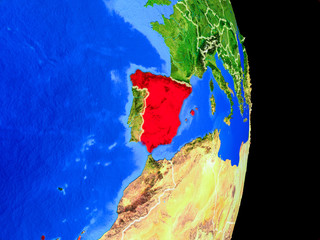 Spain on realistic model of planet Earth with country borders and very detailed planet surface.