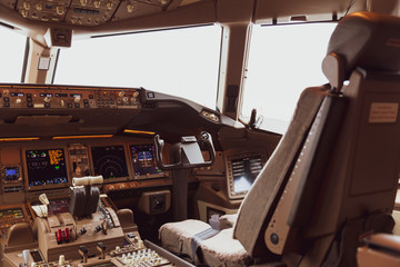 Inside of a cockpit, aircraft interior, cockpit view, pilot place, cockpit windows