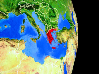 Greece on realistic model of planet Earth with country borders and very detailed planet surface.