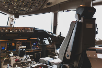 Inside of a cockpit, aircraft interior, cockpit view, pilot place, cockpit windows