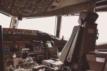 Inside of a cockpit, aircraft interior, cockpit view, pilot place, cockpit windows