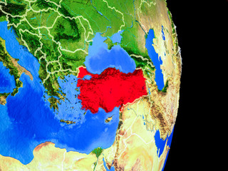 Turkey on realistic model of planet Earth with country borders and very detailed planet surface.