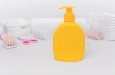 Baby soap with dispenser. Gentle skin care for a newborn.