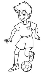 Full length line art illustration of skilled and competitive boy dribbling during football match against white background for copy space.