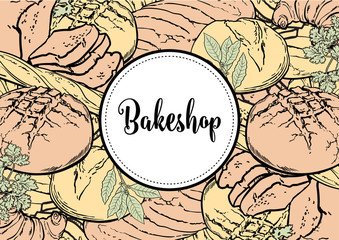 Vector illustration of bakeshop horizontal banner or menu cover with pastel colored hand drawn bread, croissants and green spices - fresh flour pastry products for bakery shop design.