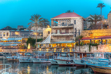 Byblos, Lebanon - Feb 12th 2018 - The touristic area of Byblos with restaurants and boats in Lebanon
